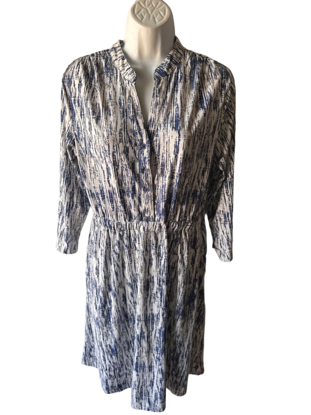 Robert Louis Blue White Brushstroke Print Dress Button Elastic Waist Size M